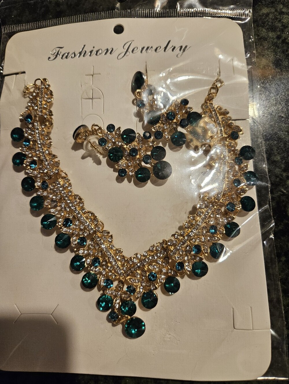 Fashion Jewelry Gold-Tone Necklace and Earrings with Dark Green Stones